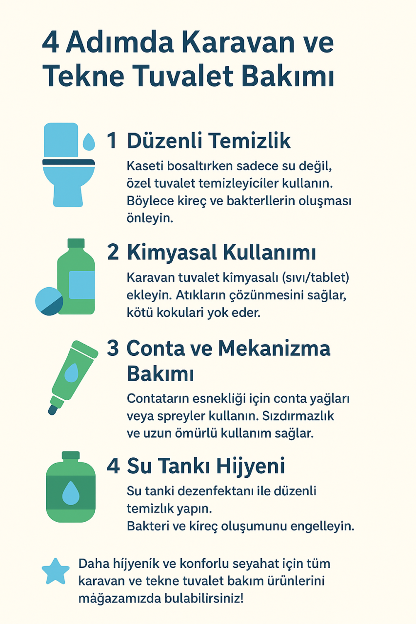 Yelkenli Teknelerde , Motor Yatlarda ve Karavanlarda konforlu yaşam için en önemli yerlerden birisi, belki de birincisi tuvaletlerimizdir. Düzenli bakım ile tuvaletlerimizi sorun olmaktan kurtarabiliriz. Bunun için sezon içerisinde ve sezon sonunda yapılacak düzenli bakımları ve tekne tuvaletlerinde kullanılacak temizlik bakım malzemelerini  https://www.yatmalzemeleri.com/  sitemizde görebilirsiniz...