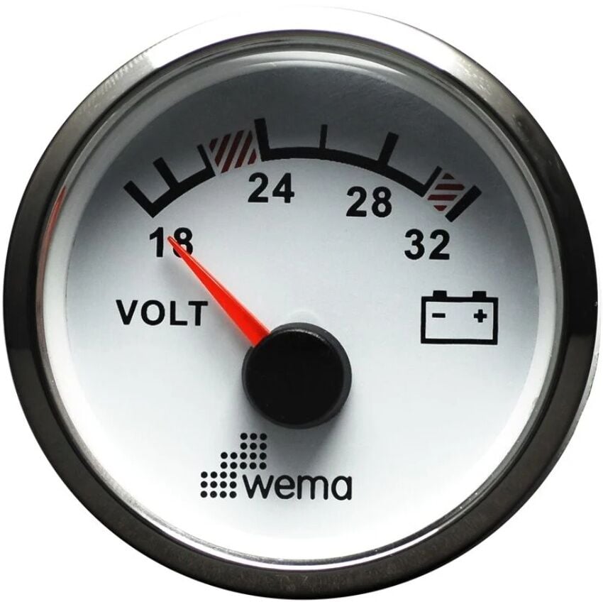 Wema Marin 24V Analog Voltmetre, Krom-Beyaz, 52 mm