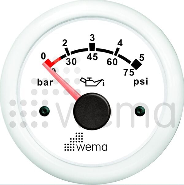 Wema Marin 5 Bar Yağ Basınç Göstergesi, 52 mm Beyaz-Beyaz